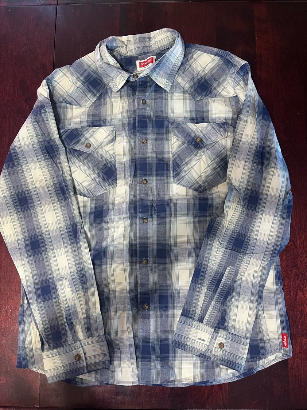 Wrangler Blue and White Plaid Button-Down Shirt